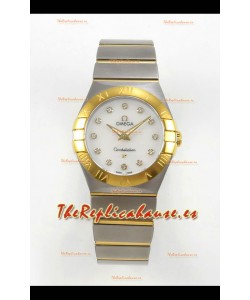 Reloj Omega Constellation Superclon de 28 mm, bicolor, oro amarillo, esfera perlada, cuarzo
