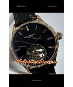 Reloj réplica japonés Patek Philippe Tourbillon de oro rosa con esfera negra