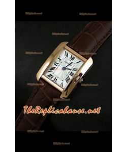 Cartier Tank Française para damas malla marrón oscuro con estuche dorado.