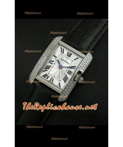 Cartier Tank Française para damas malla bisel de diamantes estuche de acero.