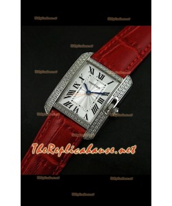Cartier Tank Française para damas malla bisel de diamantes estuche de acero.