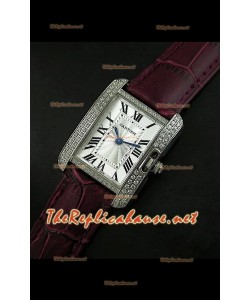 Cartier Tank Française para damas malla bisel de diamantes estuche de acero.
