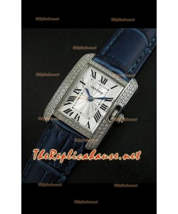 Cartier Tank Française para damas malla bisel de diamantes estuche de acero.