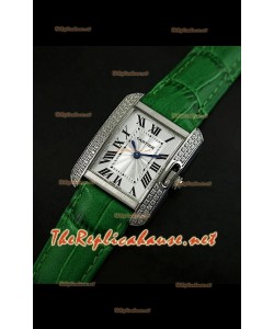 Cartier Tank Française para damas malla bisel de diamantes estuche de acero.