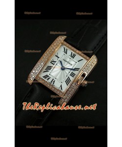 Cartier Tank Française para damas malla bisel de diamantes estuche dorado.