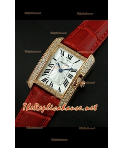 Cartier Tank Française para damas malla bisel de diamantes estuche dorado.