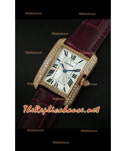 Cartier Tank Française para damas malla bisel de diamantes estuche dorado.