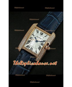 Cartier Tank Française para damas malla bisel de diamantes estuche dorado.