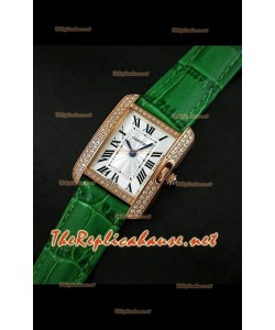 Cartier Tank Française para damas malla bisel de diamantes estuche dorado.