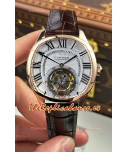Drive De Cartier Rose Gold Tourbillon Super clone Reloj Réplica en Dial Blanco 