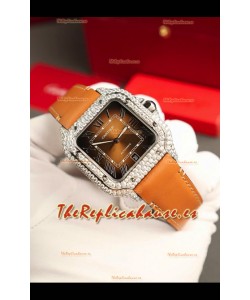 Santos De Cartier Watch in Dial Marrón 39.50MM Bisel Pavimentado en Moissanitas Reloj Réplica Suizo