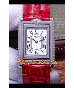 Cartier Tank Reversible Reloj Réplica Cuarzo Suizo en Caja Acero - Correa Roja
