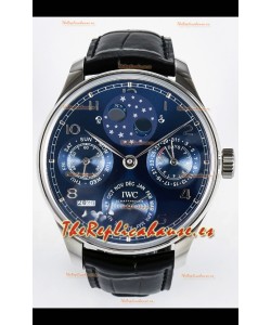 IWC Super Clone Portuguese Perpetual Calendar Stainless Dial Azul Acero Reloj Réplica