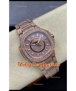 Patek Philippe Nautilus 7010 Pavimentado en Diamantes Oro Rosado 32MM Réplica Espejo 1:1 - Diamantes Genuinos