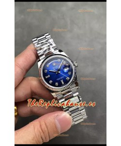 Rolex Day Date Super Clone Acero Inoxidable Dial Azul Reloj Numerales en Diamantes 36MM - 1:1 Calidad Espejo