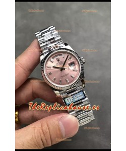 Rolex Day Date Super Clone Acero Inoxidable Dial Rosa Reloj Marcadores Hora en Cristal 36MM - 1:1 Calidad Espejo