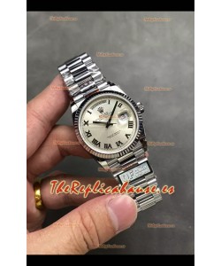 Rolex Day Date Super Clone Acero Inoxidable Dial Plateado Reloj Numerales Romanos 36MM - 1:1 Calidad Espejo