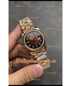 Rolex Day Date Super Clone Dial Oro Rosado Marrón Reloj Numerales Diamantes 36MM - 1:1 Calidad Espejo