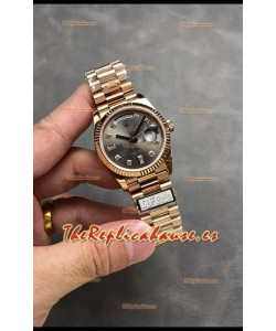 Rolex Day Date Super Clone Rose Gold Dial Gris Reloj Numerales Diamantes 36MM - 1:1 Calidad Espejo