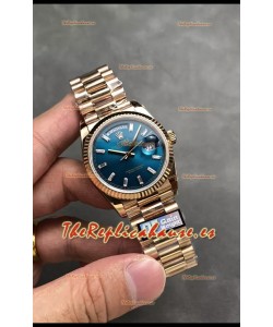 Rolex Day Date Super Clone Dial Oro Rosado Azul Reloj Marcadores Hora en Cristal 36MM - 1:1 Calidad Espejo