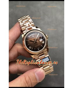 Rolex Day Date Super Clone Dial Oro Rosado Marrón Reloj Numerales Romanos 36MM - 1:1 Calidad Espejo