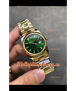 Rolex Day Date Super Clone Dial Oro Amarillo Dial Verde Reloj Marcadores Hora en Cristal 36MM - 1:1 Calidad Espejo