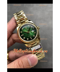 Rolex Day Date Super Clone Dial Oro Amarillo Dial Verde Reloj Numerales Diamantes 36MM - 1:1 Calidad Espejo