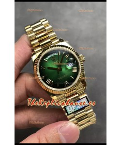 Rolex Day Date Super Clone Dial Oro Amarillo Dial Verde Reloj Numerales Romanos 36MM - 1:1 Calidad Espejo