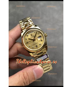 Rolex Day Date Super Clone Caja y Dial Oro Amarillo Reloj Numerales Diamantes 36MM - 1:1 Calidad Espejo