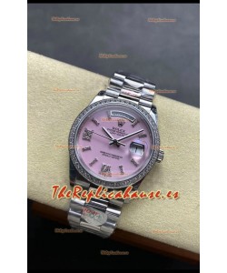 Rolex Day Date Super Clone Acero Inoxidable Dial Rosa Reloj Numerales Diamantes 36MM - 1:1 Calidad Espejo
