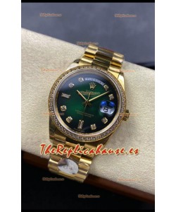 Rolex Day Date Super Clone Dial Oro Amarillo Dial Verde Reloj Numerales Diamantes 36MM - 1:1 Calidad Espejo
