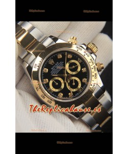 Rolex Daytona Movimiento Japonés Dos Tonos Caja de Oro Reloj en Dial Negro 