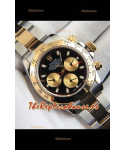 Rolex Daytona Movimiento Japonés Dos Tonos Caja de Oro Reloj en Dial Negro 