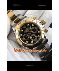 Rolex Daytona Movimiento Japonés Dos Tonos Caja de Oro Reloj en Dial Negro 