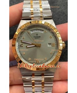 Tudor Reloj Edición Royal - Réplica Espejo 1:1 en Caja en Dos Tonos - Dial Diamantes Gris