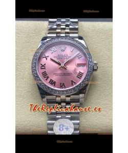 Reloj Rolex Superclon Datejust de 31 mm con esfera rosa y números romanos, caja de acero