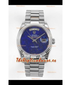 Reloj réplica suizo Rolex Day Date de acero inoxidable con esfera azul lapislázuli de 36 mm