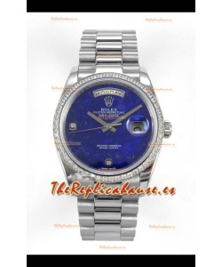 Reloj réplica suizo Rolex Day Date con esfera azul lapislázuli y bisel de diamantes de 36 mm