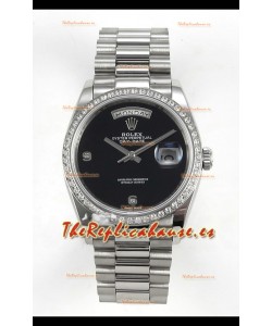 Reloj réplica suizo Rolex Day Date con esfera negra, diamantes y bisel de 36 mm