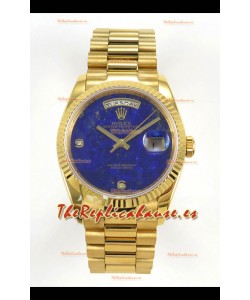 Reloj réplica suizo Rolex Day Date de oro amarillo con esfera azul lapislázuli de 36 mm