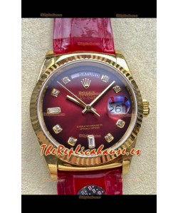 Reloj Rolex Day Date 128238 de oro amarillo con esfera roja degradada y diamantes, réplica de alta calidad