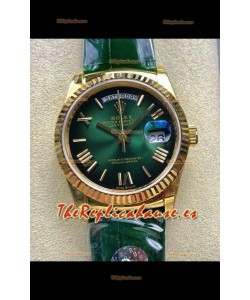 Reloj Rolex Day Date 128238 de oro amarillo con esfera verde degradada y números romanos, réplica de alta calidad