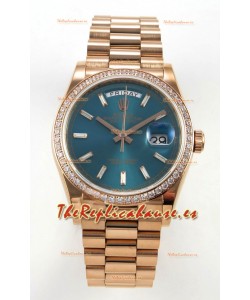 Reloj Rolex Day Date 128345, oro rosa, esfera de cristal verde, diamantes, bisel, superréplica
