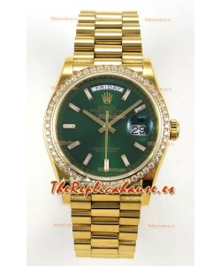 Reloj Rolex Day Date 128348, oro amarillo, esfera de cristal verde, diamantes, bisel, superréplica
