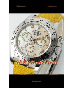 Reloj Rolex Daytona 116519 de acero inoxidable con correa de cuero y perlas amarillas, réplica de alta calidad