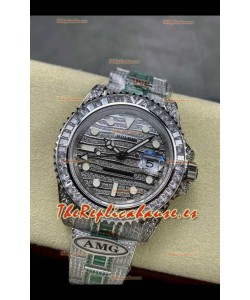 Reloj Rolex GMT Masters II con esfera y caja con incrustaciones de diamantes, réplica exacta