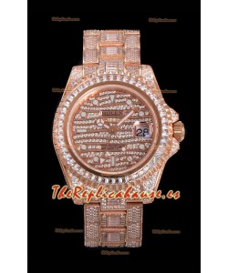 Reloj Rolex GMT Masters II con esfera y caja de oro rosa con incrustaciones de diamantes, réplica de alta calidad