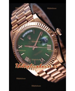 Rolex Day-Date 40MM Reloj Suizo en Oro Rosado y Dial en color Verde con Numerales en Numeros Romanos