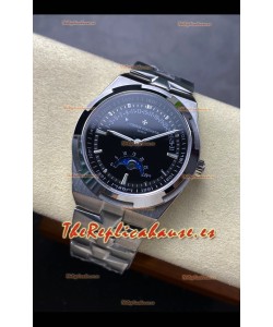 Reloj réplica suizo Vacheron Constantin Overseas True Moon Phase de acero con esfera negra