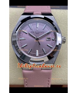 Reloj Vacheron Constantin Overseas de 35 mm con esfera rosa y correa de cuero, réplica perfecta